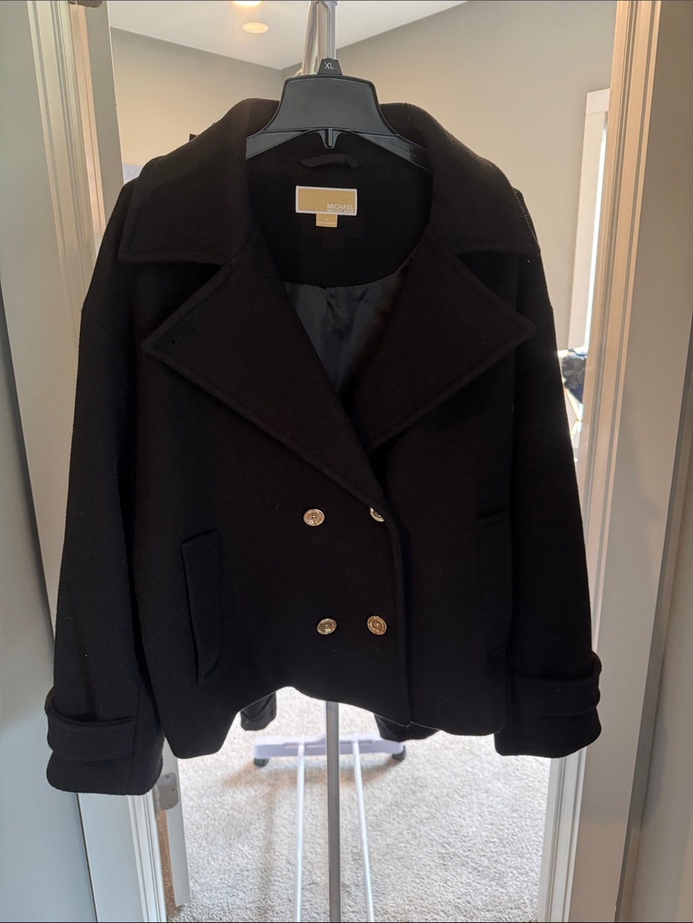 Michael Kors Black Double-Breasted Pea Coat with Gold Buttons
